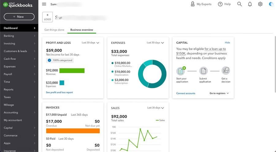 QuickBooks Dashboard showing $92K Revenue