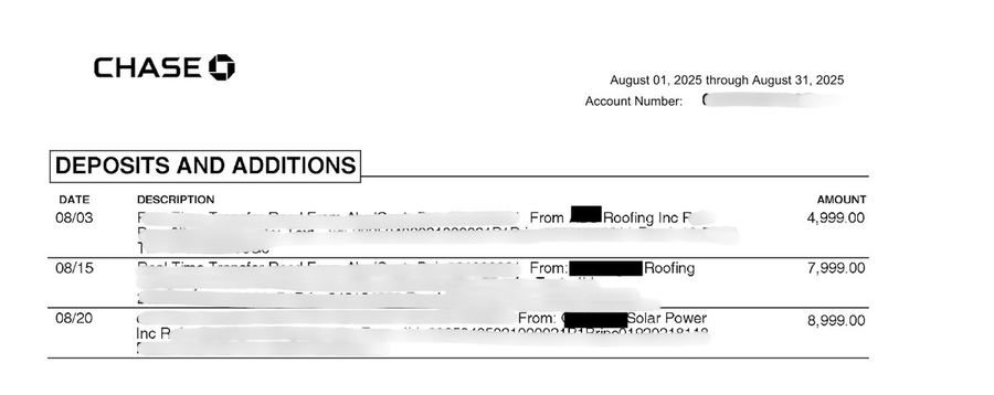 Chase Bank Statement showing $21,997 in Deposits