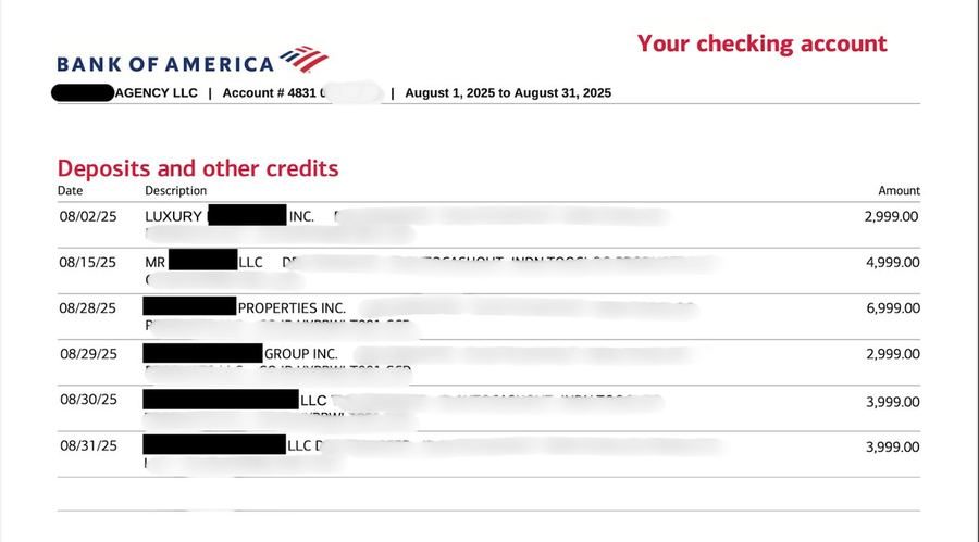 Bank of America Statement showing $24,995 in Deposits
